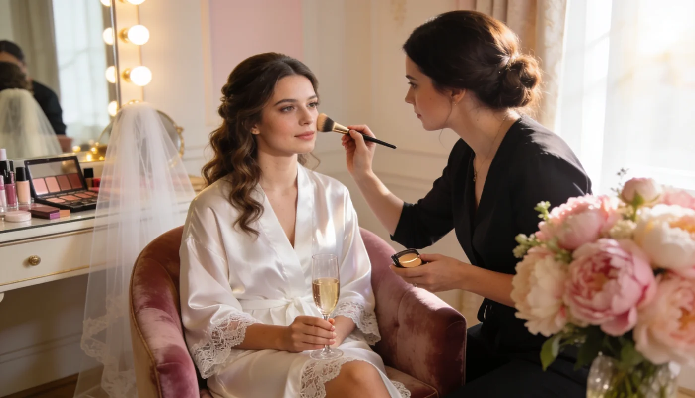 Maquillage de la mariée pendant les préparatifs du matin, institut Poussan